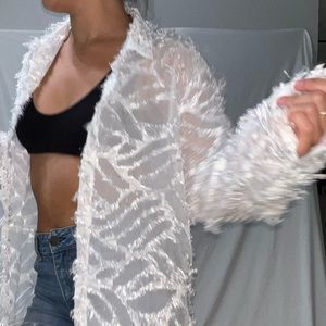 Funky white button up shirt with zebra Fringe!! Perfect for bachelorette party🎉